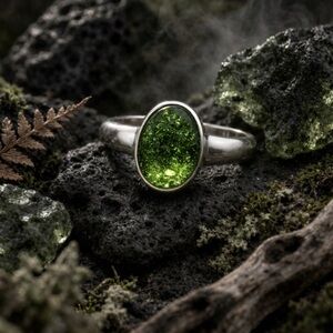 Sterling Silver Moldavite Ring | Oval Cabochon 925 Tektite Statement 8.5 #569